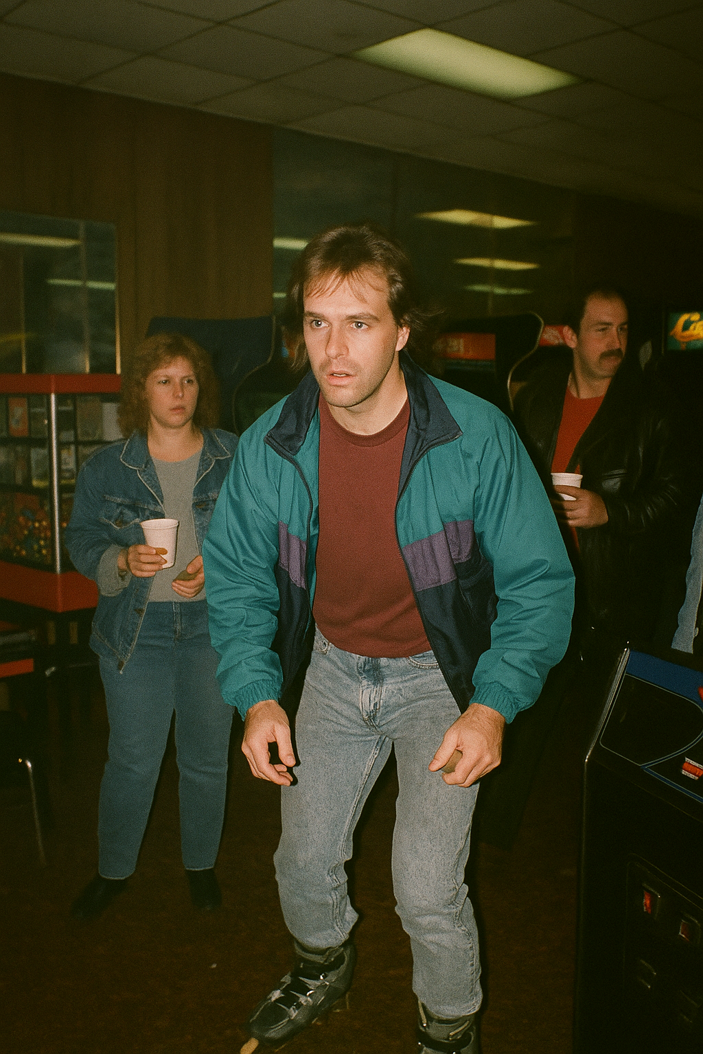 shareable lost-memory arcade documentary photo of Rollerblading through suburban streets