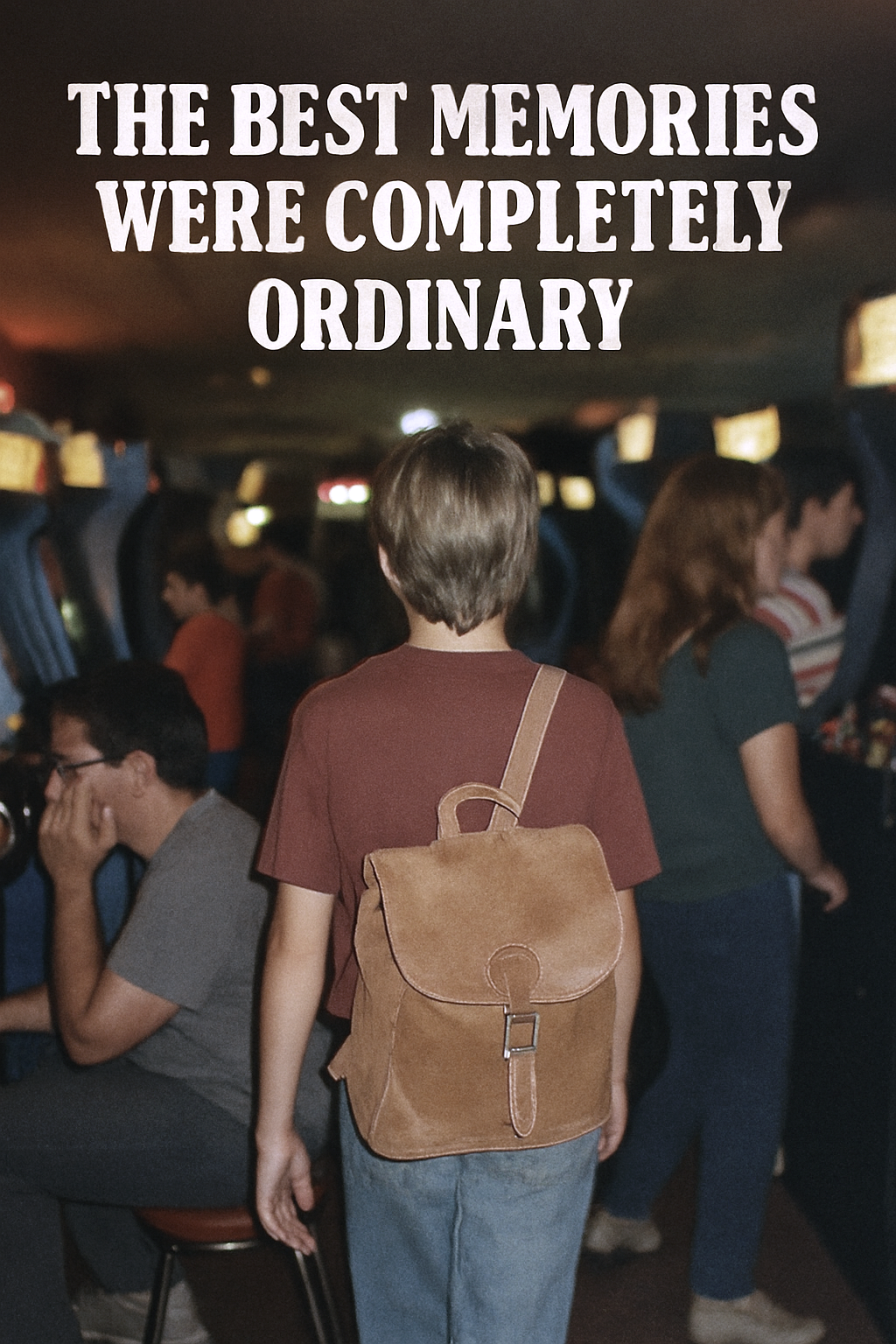 carrying a school bag through a noisy arcade