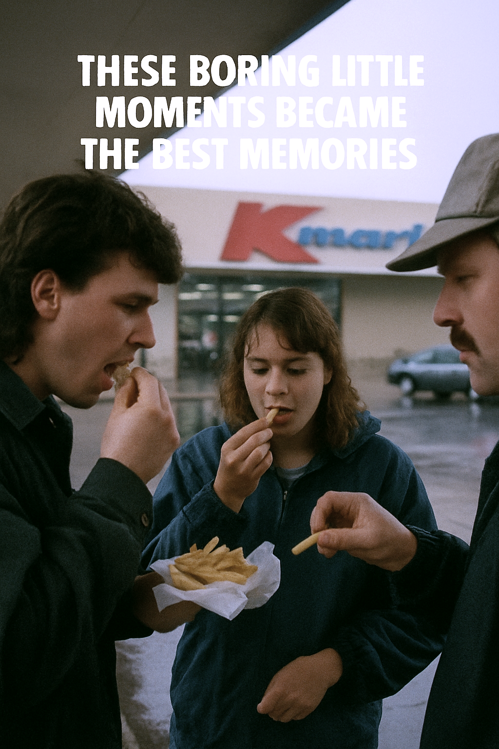 eating hot chips outside Kmart during rain second image