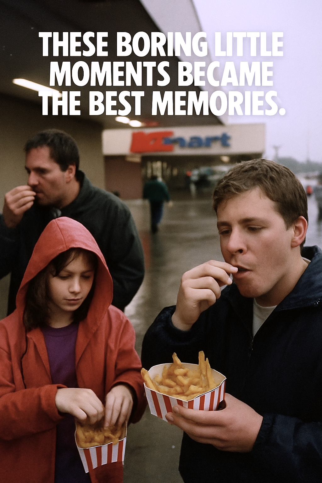 eating hot chips outside Kmart during rain