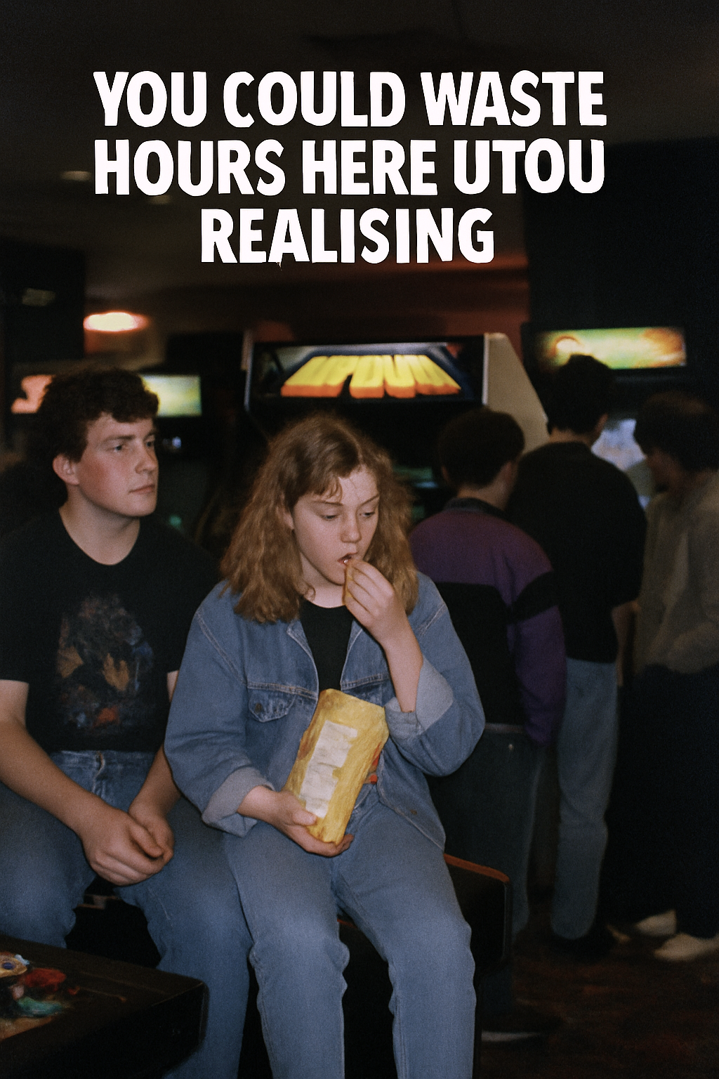 eating chips while sitting on arcade machines